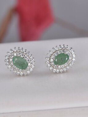 Natural Emerald Double Halo Oval Cut Earrings 925 Sterling Silver